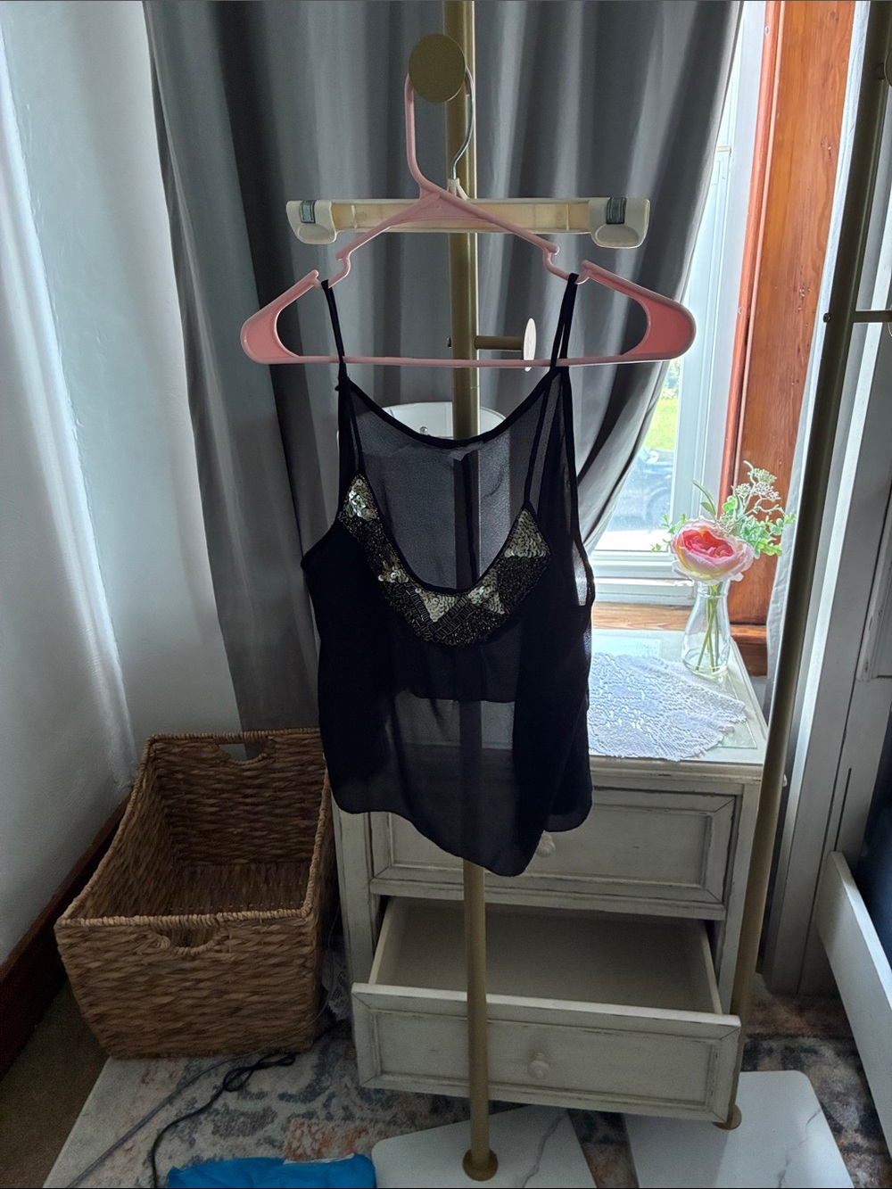Charlotte Russe Black Sheer Tank with Gold Sequin Detail